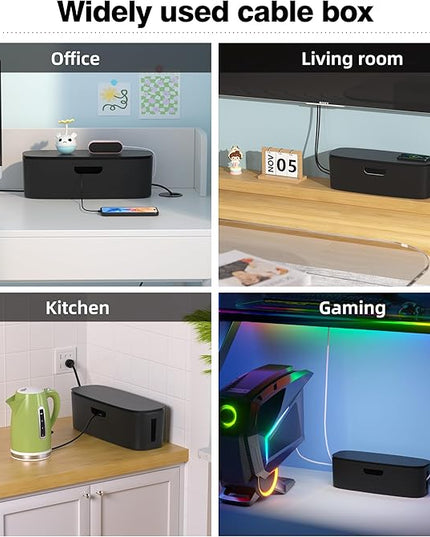 Cable Management Box - Large Cord Organizer Box to Hide Power Strip & Under Desk, TV Computer Wires Cable Organizer Box with Baby Proofs, Desk Cord Organizer for Home/Office - Black