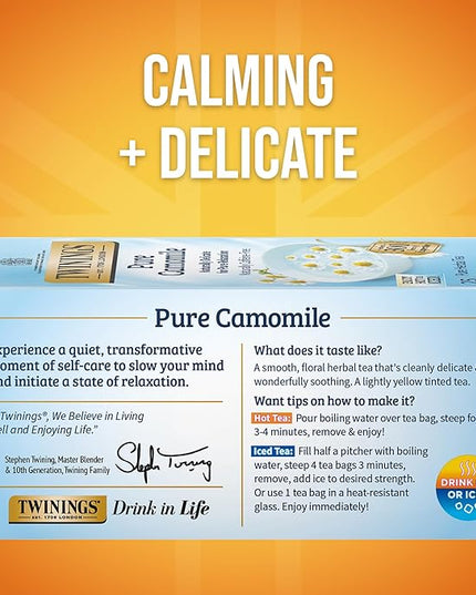 Twinings Pure Camomile Herbal Tea Individually Wrapped Bags, 25 Count (Pack of 6), Calming & Delicate, Naturally Caffeine-Free, Enjoy Hot or Iced, 150 Teabags