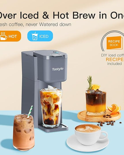 Mini Hot and Iced Coffee Maker Single Serve, for K Cup and Ground, 6 to 14 Oz Brew Sizes, with Recipe Book, for Home, Travel, RV, Office and Dorm, Elegant Gray