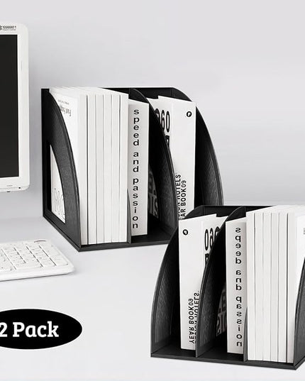 SAYEEC 2Pcs Magazine Holder Plastic File Sorter Binder Holder for Desk Folder Organizer Stand Book Shelf Dividers Vertical Filling Storage Rack Desktop Bookshelf Display Box for Office School (Black)