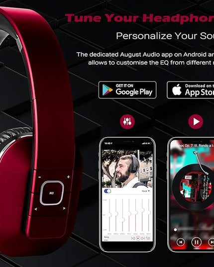 August EP650 Bluetooth Wireless Over-Ear Headphones with aptX Low Latency, NFC, Multipoint Pairing, Wired Option, Built-in Microphone - Red
