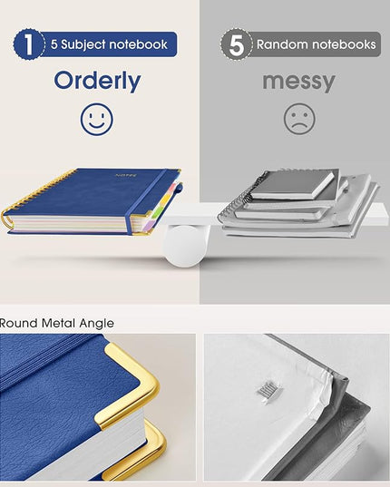 Hardcover Spiral Notebook journal with Removable Dividers Tabs, 300 Pages Leather 5 Subject Notebook College Ruled, 100GMS A5 Notebooks for Work School Note taking,Lined Journal for Women,A5 Navy