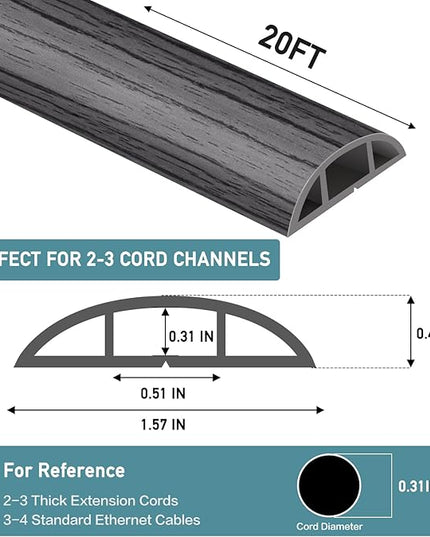 Floor Cord Cover Self Adhesive Cord Hider Floor Extension Cord Covers for Floor Power Cord Protector Cable Management Prevent Cable Trips Cable Cavity 0.51" W x 0.31" H (Deep Grey Wood, 20Ft)
