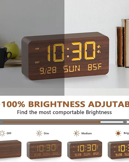 Fomobest Wooden Digital Alarm Clock for Bedroom - Desk Clock with Date, Day of Week, Temperature, Dual Alarms, Dimmer, USB Port Charge, DST, Adjustable Volume for Living Room/Office Wood Decor (Brown)