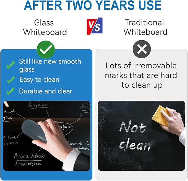 Glass Dry Erase Black Board - Magnetic Blackboard 60"X36" Frameless White Board Clear Glass Boards with Super Strong Magnets, Wall Mounted for Office, Classroom and Home