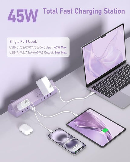 Jgstkcity Desk Clamp Power Strip,45W Fast Charging Station,4 USB-C,4 USB-A,1200J Surge Protector,ETL Listed,1875W Extension Cord,Multiple Outlets for Home, Office (Purple, 10 FT Cable)