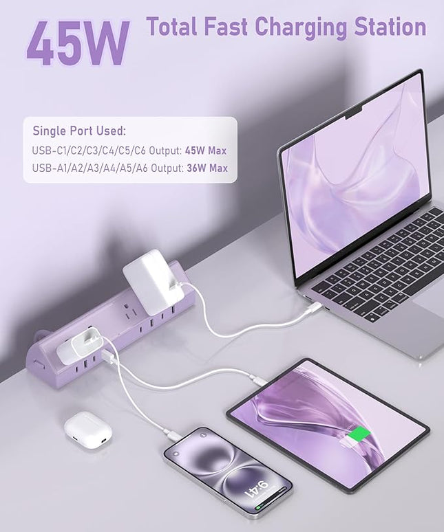 Jgstkcity Desk Clamp Power Strip,45W Fast Charging Station,4 USB-C,4 USB-A,1200J Surge Protector,ETL Listed,1875W Extension Cord,Multiple Outlets for Home, Office (Purple, 10 FT Cable)