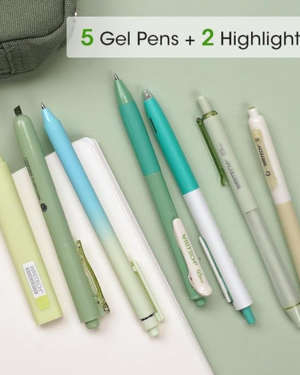 WRITECH Gel Pens Journaling Highlighters: Journal Set Aesthetic Assorted Pastel Color Ink 0.5mm Fine Point Retractable 0.7mm Black Pen Smooth Writing Drawing No Bleed 7ct (Green)