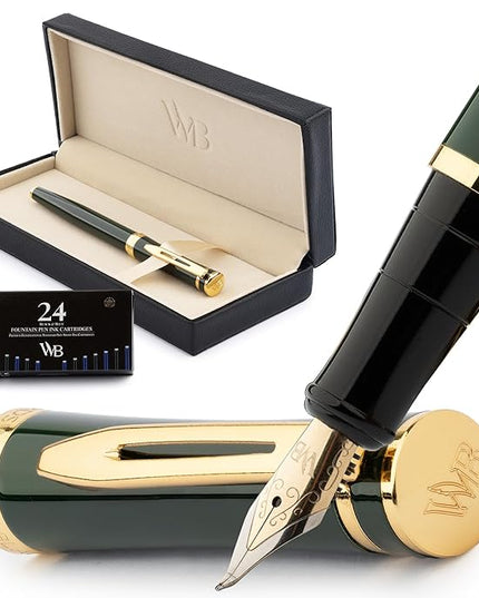 Wordsworth & Black Fountain Pen Set, Bent Nib, Includes 24 Pack Ink Cartridges, Ink Refill Converter & Gift Box, Calligraphy, [Racing Green], Perfect for Men & Women