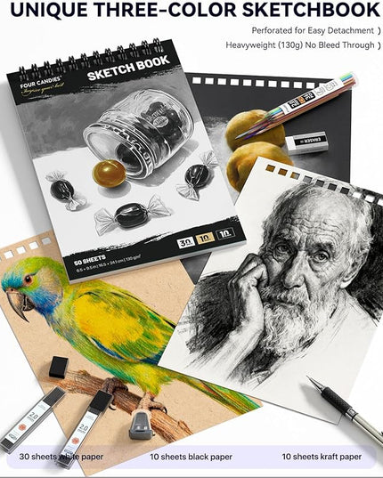 Four Candies 52pcs Art Supplies Sketching & Drawing Kit with 10 Micron Fineliner Pens, 6 Drafting Mechanical Pencils,3-Color Sketchbook,27 Lead Refills,School Supplies Gifts for Beginners Adults Teens
