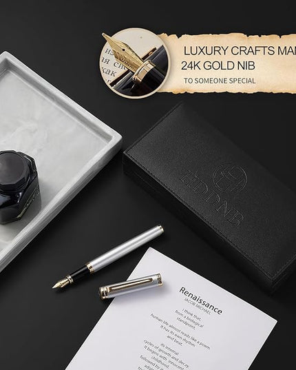 HDDNB Silver Luxury Fountain Pen Set for Men and Women with Gift Box, 24K Gold Finish and Gilded Nib(Medium) with 5 Black Ink Cartridges and Converter