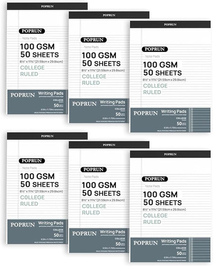 POPRUN White Legal Pads 8.5 x 11.75 College Ruled, 100GSM Writing Paper Pad, Bulk Lined Notepad Notebooks for Work School, Classroom Office Supplies, 6 Pack