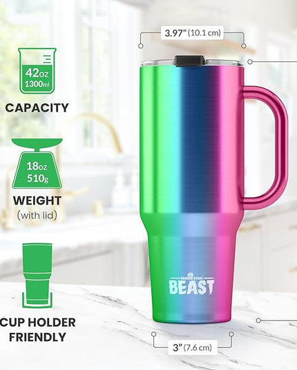 Beast 42 oz Tumbler with Handle Stainless Steel Vacuum Insulated Coffee Ice Cup Double Wall Travel Flask (Rainbow)