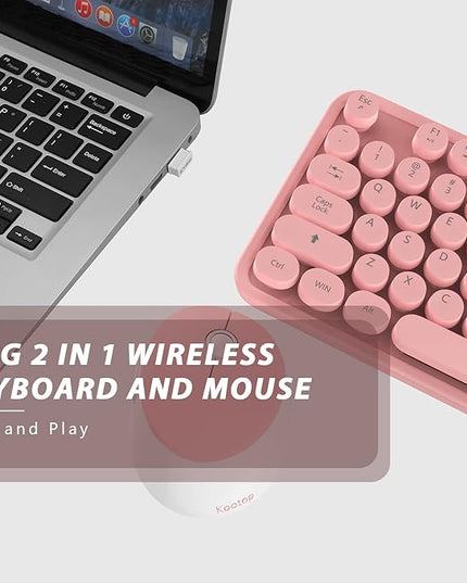 Kootop Wireless Keyboard, Cute Colorful 104 Keys Typewriter Retro Round Keycaps Keyboard for PC Laptop,Desktop,Windows, Home and Office Keyboards (Pink)