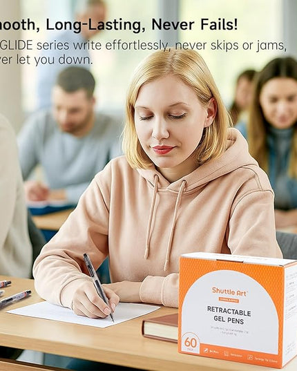 Shuttle Art Black Gel Pens, Ink Glide Series 60 Pack Retractable 0.5mm Fine Point Rollerball Gel Ink Pens Bulk Set Quick Drying Smooth Writing with Grip for Journaling Note Taking Office School Home
