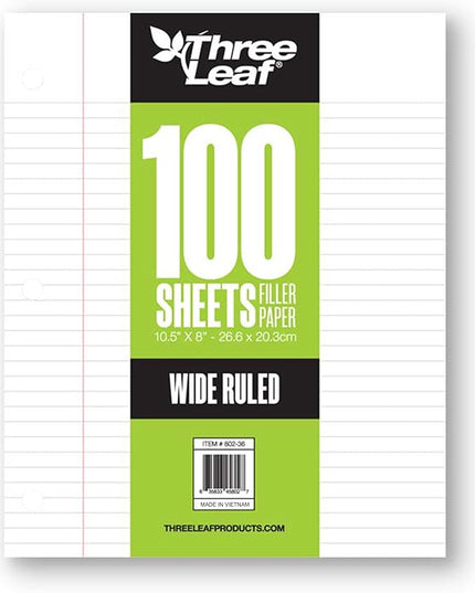 Three Leaf 100 Sheets Wide Ruled Filled Paper, 1728 Ct. (48 Cases X 36 Filler Paper), Loose-Leaf Sheets For School And Office 100 Ct. Filler Paper, Notebook Paper