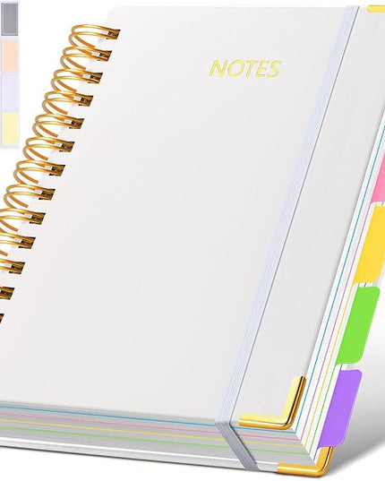Hardcover Spiral Notebook journal with Removable Dividers Tabs, 300 Pages Leather 5 Subject Notebook College Ruled, 100GMS Notebooks for Work School Note taking,Lined Journal for Women,A5 White