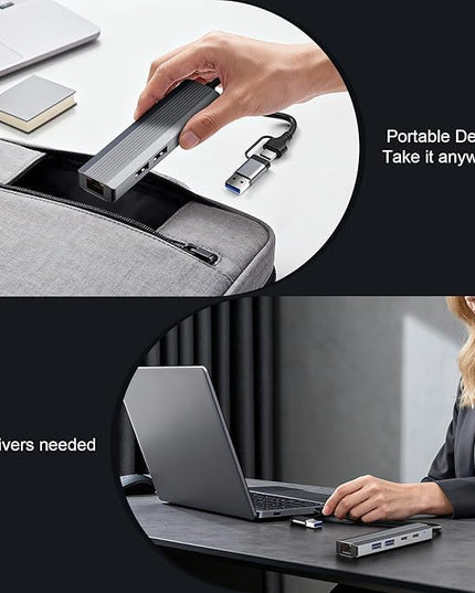 5-in-1 USB C Hub Adapter with Gigabit Ethernet, 2X USB 3.0 Ports, 2X USB C Data Ports, for Windows MacOS Linux Computers and Laptops