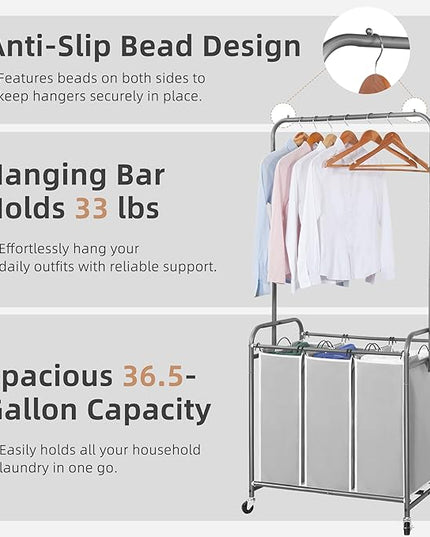 STORAGE MANIAC 136L Laundry Sorter with Hanging Bar, Portable, Removable Laundry Hamper Cart with Heavy Duty Rolling Lockable Wheels and Removable Bags, Rolling Laundry Basket Organizer, 3 Section