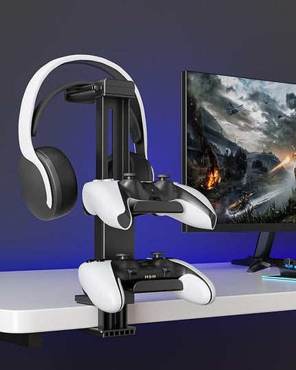 Controller Holder & Headphone Stand Under Desk with Adjustable Clamp, Controller Stand & Headset hanger for Desk Mount with 360° Rotating Hook & Cable Organizer 3-in-1 Game Organizer, PC Game Headsets