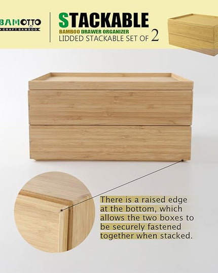 Stackable Bamboo Drawer Organizer Set – 2 Boxes with 1 Lid | Wood-Laminated Trays for Kitchen Utensils, Silverware & Flatware – Fits Cabinets, Pantry, Bathroom & Office | 14.6"x10.2" (2-Pack)