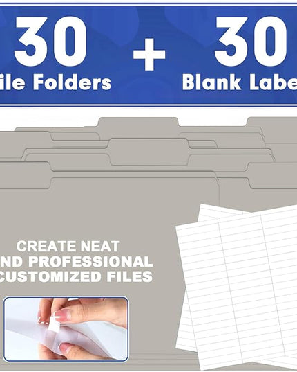 File Folder, HERKKA 30 Pack 1/3 Cut Tab File Folders, File Folders Great for Organizing and Filing, Letter Size, Grey