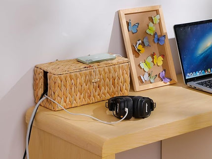 Cable Management Box,Hand-Woven Water Hyacinth Decorative Cord Organizer,2 Side Open Slots Wicker Cable Box to Hide Cords and Power Strip,for Desk, Floor, Office,2 Pack