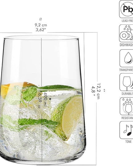 Krosno Water Glasses, Set of 6, 16.6 fl oz, Water Drinks Juice, Infinity Collection, Lead-Free Lightweight Glass, Everyday Drinking Glass, Dishwasher Safe, Made in Europe