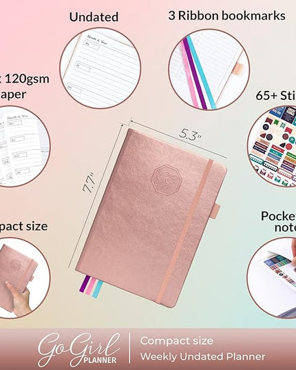 GoGirl Planner and Organizer for Women – Compact Size Weekly Planner, Goals Journal & Agenda to Improve Time Management, Productivity & Live Happier. Undated – Start Anytime, Lasts 1 Year – Rose Gold