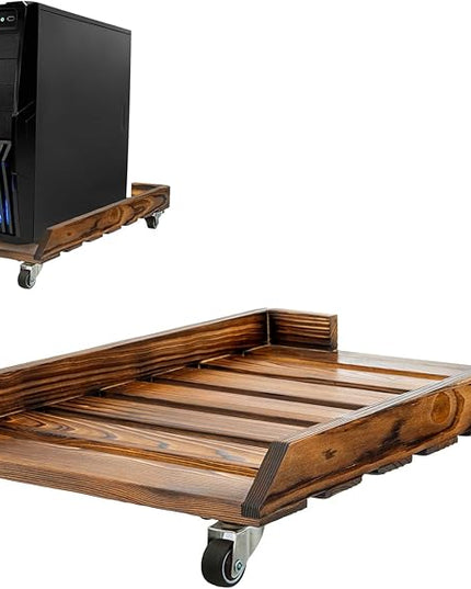 MyGift Rustic Solid Wood CPU Tower Stand – Deluxe PC Holder with Rolling Lockable Caster Wheels, Computer Case Floor Stand