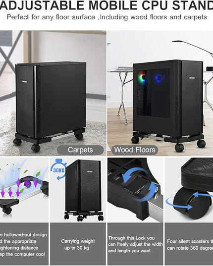 Computer Tower Stand, Adjustable Mobile CPU Stand with Rolling Caster Wheels, Premium PC Tower Stand Holder for Floor Carpet Gaming PC Case