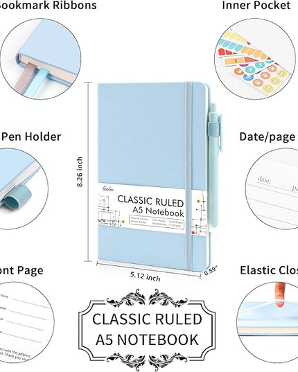 feela 12 Pack Notebooks Journals Bulk, Hardcover Notebook Classic Ruled Lined Journals with Pen Holder for Women Girls School Business Supplies, with 12 Black Pens, 120 GSM, 5.1”x8.3”, A5, Light Blue