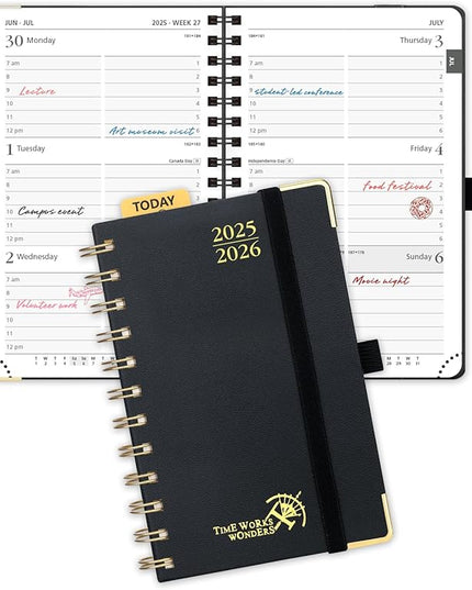POPRUN Pocket Planner 2025-2026 (Spiral Hardcover - 4''x 6.25''), Daily Weekly and Monthly (July 2025 - June 2026) with Hourly Time Slots, for Purse, 100 GSM - Black