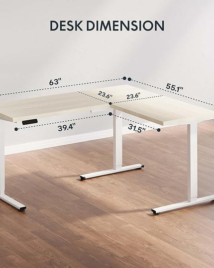 SANODESK L Shaped Standing Desk Adjustable Height, Electric Corner Standing Desk, 63 x 55 inch Sit Stand Computer Table with Splice Board, Maple