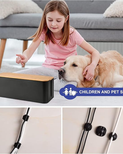 Cable Management Box - Wooden Style Cord Organizer Box to Hide Wires & Power Strips | Desk Computer Cable Organizer Box | Safe ABS Material | 12.6" (L) x 5.3" (W) 4.9" (H) | for Home & Office - Black