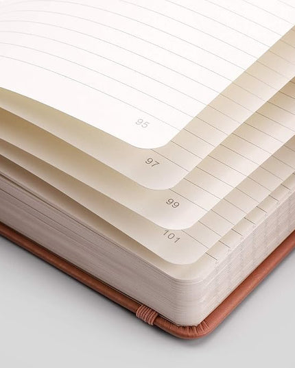 EMSHOI College Ruled Notebook-120gsm Thick Paper, 256 Numbered Pages Lined Journal for Women, 16 Perforated Pages, Faux Leather Hardcover, Inner Pocket, Pen Holder, A5 Medium 5.75" x 8.38"-Pink