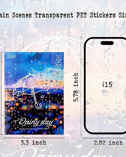 60 Sheets Large Size Rainy Day Scrapbook Stickers for Scrapbooking Supplies, 6 Assorted Rain Scenes Transparent PET Stickers for Journaling, Junk Journals, Collage, DIY Crafts Arts