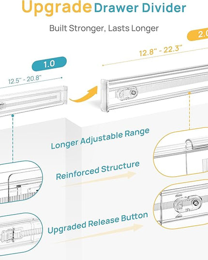 Vtopmart 4 Pack 2.36" Short Upgrade Drawer Dividers for Kitchen Drawer, 12.8"-22.3" Expandable Kitchen Drawer Organizer, Clear Plastic Organizer Separator for Flatware, Utensil, Cutlery, Underwear