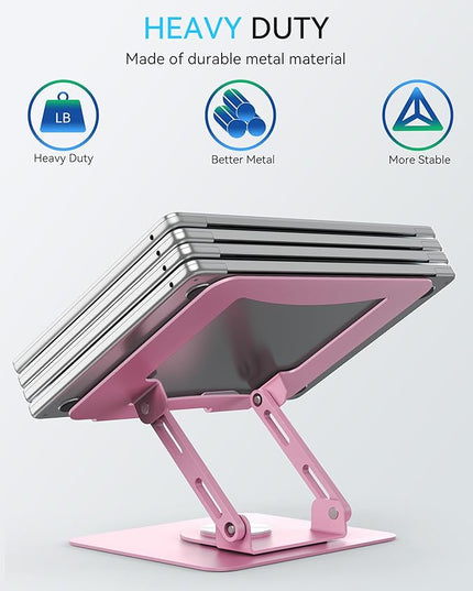SOUNDANCE Laptop Stand with 360° Rotating Base, Ergonomic Computer Riser for Desk, Adjutable Height Muti-Angle, Foldable Laptop Mount, Stable Metal Holder Support 10-15.6" Notebook PC, Pink