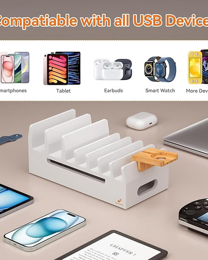 Pezin & Hulin Bamboo Charging Station with Watch Stand, Docking Holder for Multi Device with 5 Charge Cables, Desktop Dock Stations Electronic Organizer for Cellphone, Tablet, Watch-White