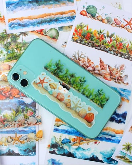 20 Sheets Seaside Landscape Pre-Cut Journaling Stickers Book for Junk Journaling, Scrapbooking, Collage, Planner, Album, Transparent PET and Washi Stickers for Adults