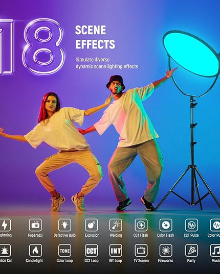NEEWER 18" RGB LED Round Panel Video Light with APP Control, 65W 6000Lux/0.5m 2500K-8500K RGBCW Photography Studio Lighting /18 Scenes/V Battery Powered for Outdoor Filming Recording Streaming, GR18C