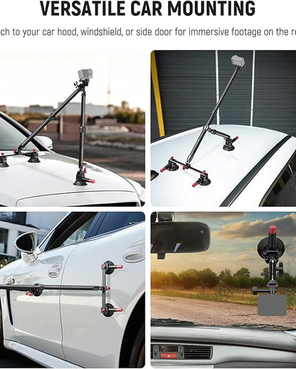NEEWER Triple Suction Cup Car Mount Kit, Carbon Fiber Camera Mount with Action Camera Adapter, NATO Rail & 24"/60cm Extension Pole Compatible with GoPro Insta360, 2.2lb/1kg Max Load, CA136