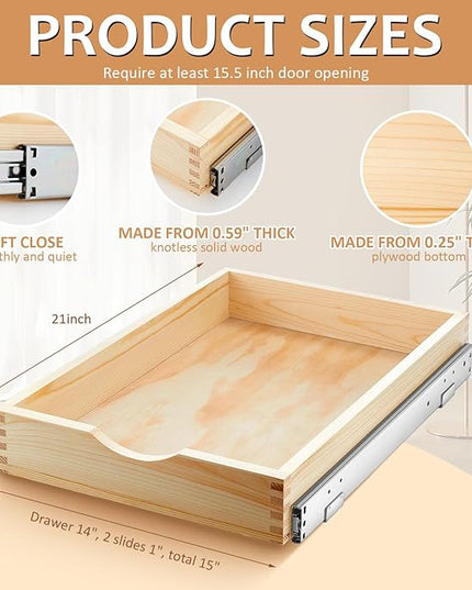 Menkxi 2 Set Pull out Tray Cabinet Organizer Wooden Pull Drawers storage Slide out Pantry Shelf for Base Cabinet Kitchen Gentle Close Fully Assembled Accessories(Wood Color,15'' X 21'' X 3'')