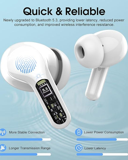 Wireless Earbuds, Bluetooth 5.4 Headphones HiFi Stereo, Bluetooth Earbuds with ENC Noise Cancelling Mic, IP7 Waterproof in Ear Earphones, 48H, LED Display Ear buds for Pad Phones Workout Sports, White