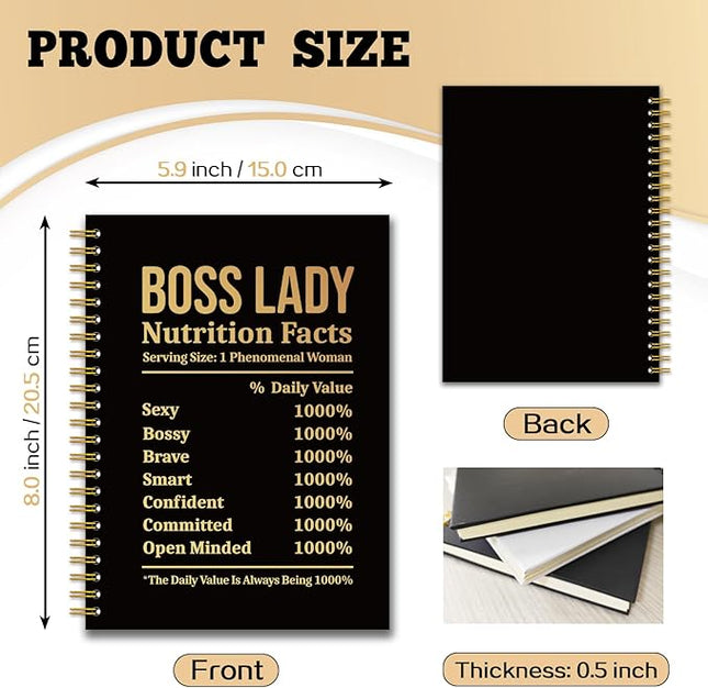 YAZMEEN Boss Lady Black Gold Spiral Notebook（160 Pages） Boss Lady Nutrition Facts Blank Hardcover Notebook Funny Thank You Gift for Girl Boss Retirement Leaving Gift for Women Boss Leader Colleague