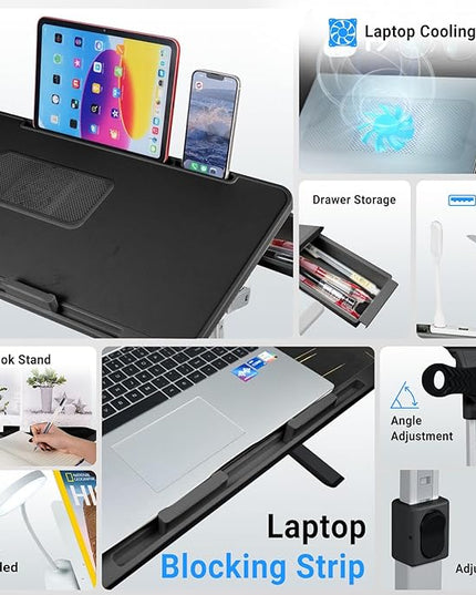 iXTRA Laptop Lap Desk with Cooling Fan - Adjustable with Light, USB, Storage Drawer - Folding Bed Desk,23.62"*15.74",Black