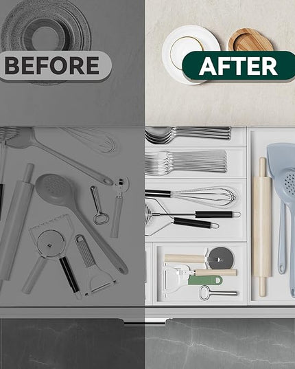 Bamboo Drawer Organizer, Small Silverware Organizer for Kitchen Drawer, Stackable Utensil Organizer, 2 Pcs Flatware Organizer Wooden Storage Box Tray (White, 6 X 3 X 2 Inch)
