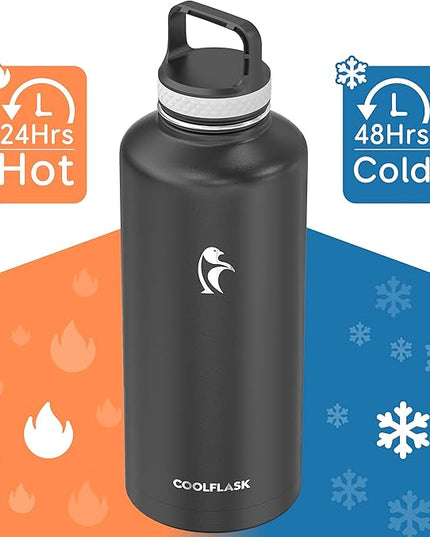 Insulated Water Bottle 87 oz with Straw, Coolflask 2/3 Gallon Stainless Steel Metal 3 Lids Large Water Jug for Sports or Office, Non-BPA Keep Cold Up to 48 Hrs or Hot Up to 24 Hrs, Magic Black