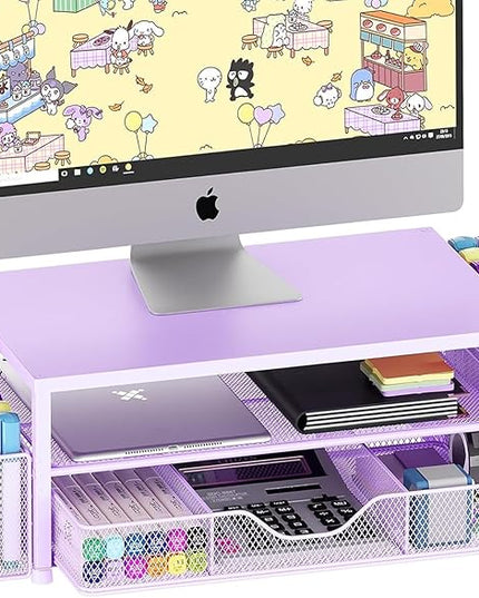 OPNICE Desk Organizers and Accessories, 2-Tier Computer Monitor Stand Riser with Drawer and 2 Pen Holders, Laptop Stand, Office Desk Accessories & Office Decor for Women, Purple